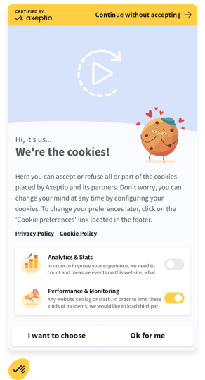 Creative Axeptio cookie banners illustrating the concept of branded consent, showing personalized designs that blend compliance, brand identity, and engaging user consent experiences