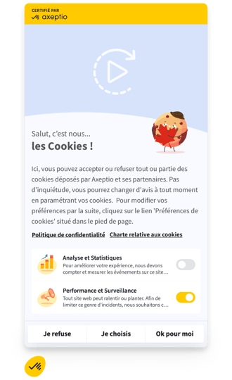 Interface Axeptio illustrant la mise en scène du consentement avec des bannières cookies personnalisées et conformes à l’identité de marque