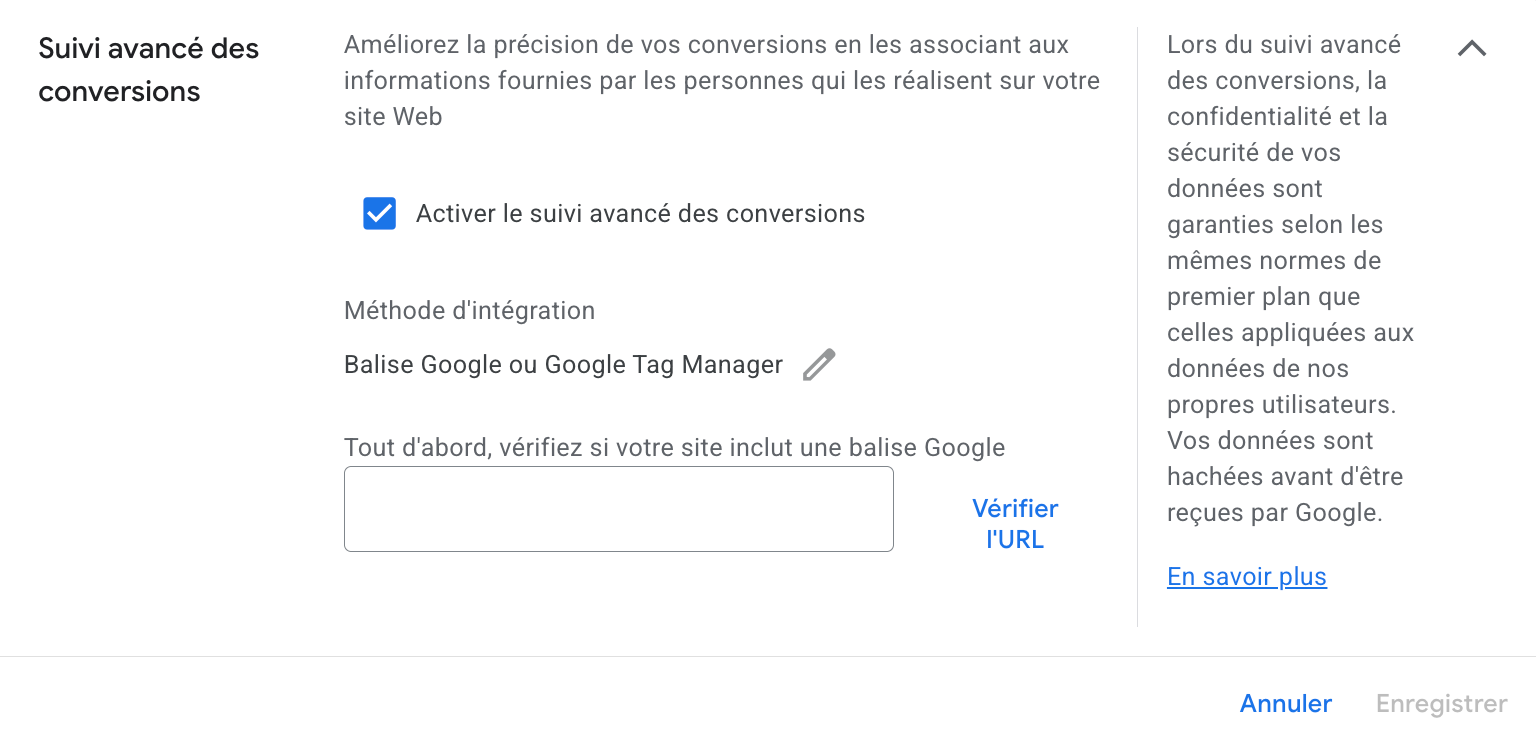 Google Ads - activer le suivi avancé