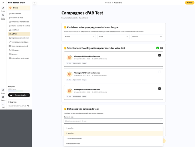 configurer duree AB testing Axeptio