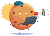 Image a cookie character with a laptop and a megaphone