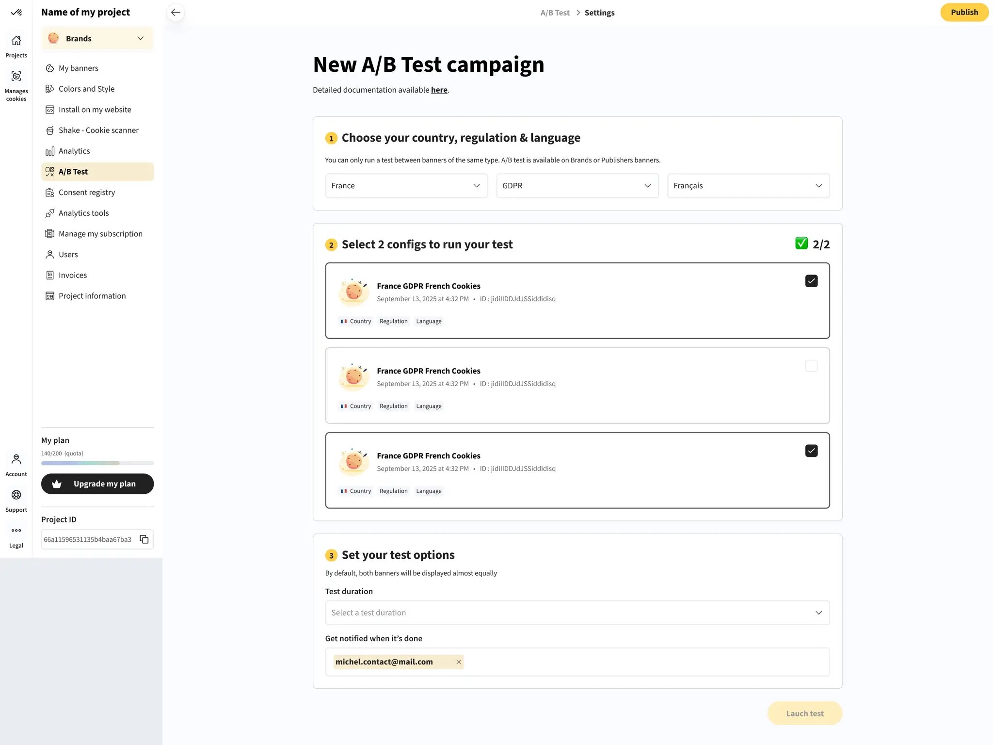 select your banner for AB testing Axeptio