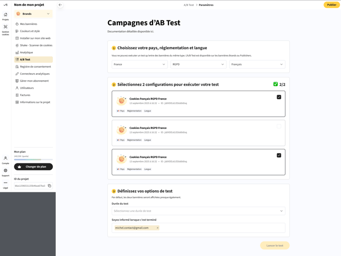 selectionner ses bandeaux pour AB testing