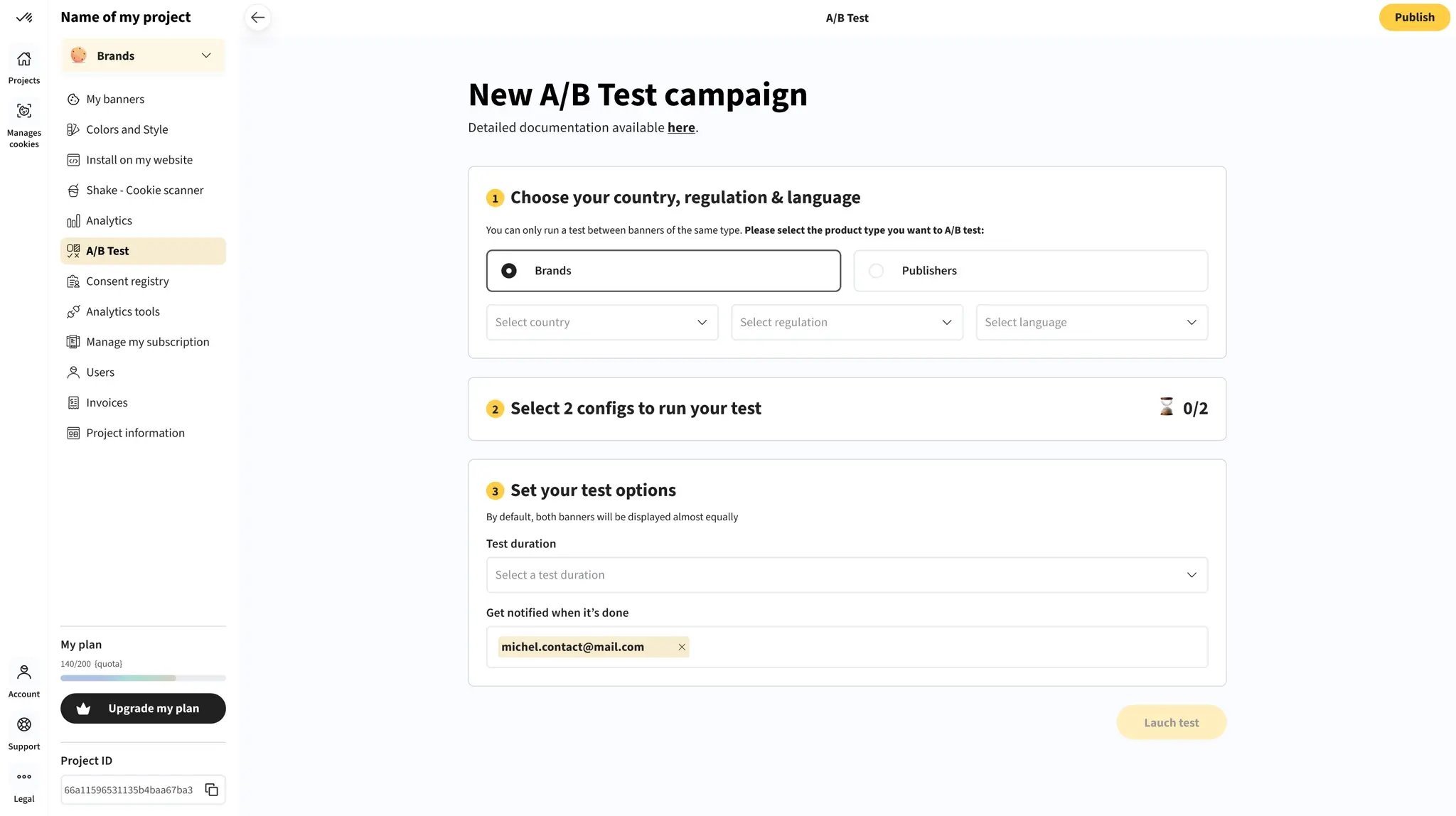 set up an AB test campaign Axeptio